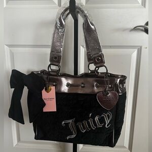 NWT Juicy Couture Black Velour Vintage Embroidered Logo Daydreamer Large Tote.